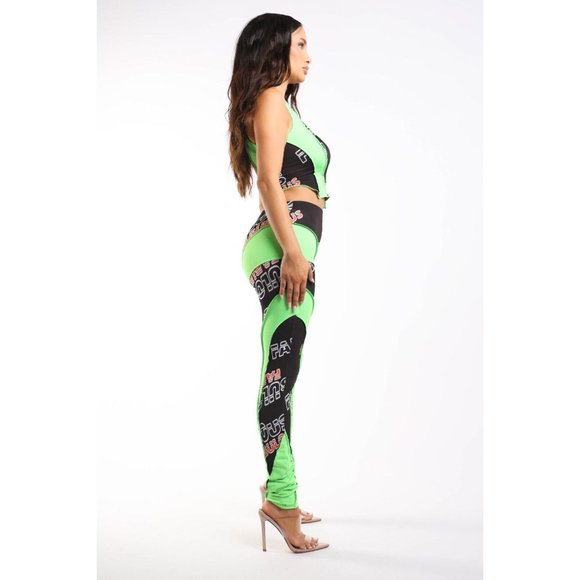 Women's Sleeveless Short Tops & Sports Leggings Fabulous Neon Lime Racer Set - Picture 6 of 9